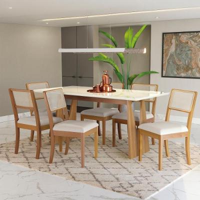 Conjunto Sala De Jantar Madeira Maciça 6 Cadeiras Kappesberg Off White Linho Caqui tela Bege