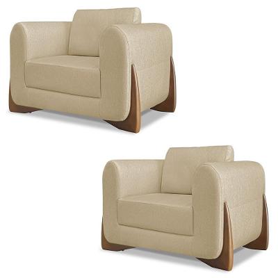 Poltrona Para Sala Base De Madeira Kit 2 Izzy S06 Linho Dourado - Mpozenato