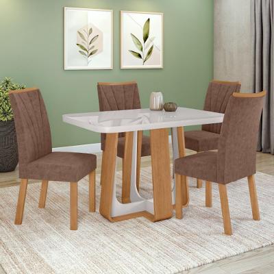 Conjunto Sala De Jantar Mesa Easy Pop 120x80cm Tampo Mdf 40mm Com 4 Cadeiras Confort Couro Morano Avelã Amêndoa/off
