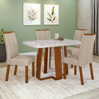 Conjunto Sala De Jantar Mesa Easy Pop 120x80cm Tampo Mdf 40mm Com 4 Cadeiras Confort Linho Rinzai Bege Frassino/off