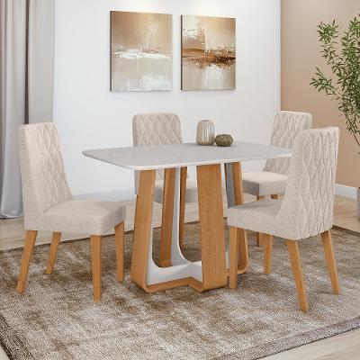 Conjunto Sala De Jantar Mesa Easy Pop 120x80cm Tampo Vidro/mdf Com 4 Cadeiras Seat Boucle Bege Amendoa Clean/off White