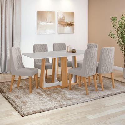 Conjunto Sala De Jantar Mesa Easy Pop 170x90cm Tampo Vidro/mdf Com 6 Cadeiras Seat Veludo Liso Capuccino Amendoa Off White