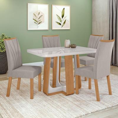 Conjunto Sala De Jantar Mesa Easy Pop 120x80cm Tampo Mdf 40mm Com 4 Cadeiras Confort Veludo Liso Capuccino Amêndoa/off