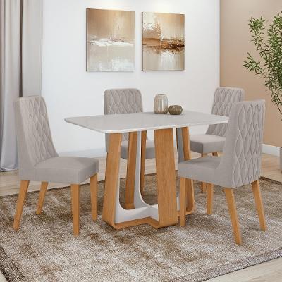 Conjunto Sala De Jantar Mesa Easy Pop 120x80cm Tampo Vidro/mdf Com 4 Cadeiras Seat Veludo Capuccino Amendoa/off