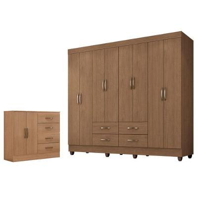 Guarda Roupa Casal Porto Com Cômoda Lite 4 Gavetas 2 Portas Carvalho Oak - Móveis Leão