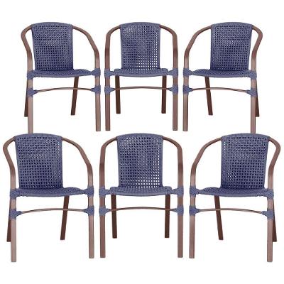 06 Cadeiras Floripa Alumínio Pintura Marrom Corda Nautica Tr Azul
