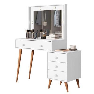 Penteadeira Camarim Com Mesa De Cabeceira Espelho Led 4 Gavetas Pés Em Madeira Branco