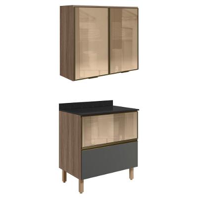 Armario Aereo Vidro Balcao 80 Cm Mdf Kali Carvalho Toq Chumbo Nicioli
