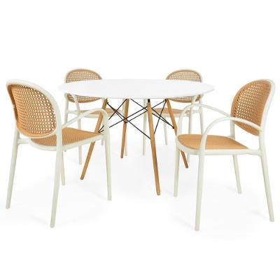 Conjunto Mesa De Jantar Redonda Eiffel Branca 120cm Com 4 Cadeiras Roma Com Braço - Bege