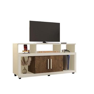 Rack Bancada Sala Com Pés De Rodinha E 2 Portas Star 135x70cm Off White - Canela