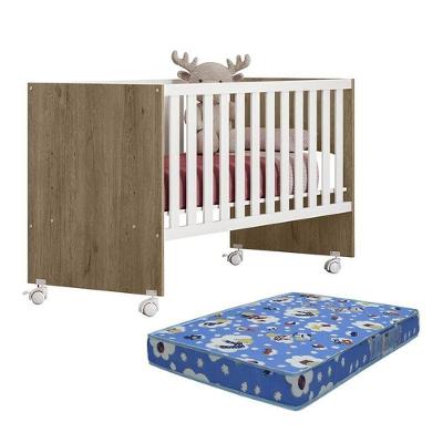 Berço Doce Sonho Reto Carvalho-branco Com Rodízios E Colchão Baby Physical - Qmovi Carvalho-branco