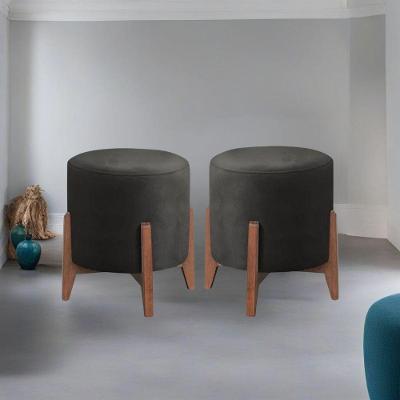 Kit 2 Puff Decorativo Para Sala Redondo Luxo Dallas Suede Preto