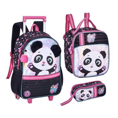 Kit Mochila De Rodinhas + Lancheira Térmica + Estojo Duplo Panda Clio