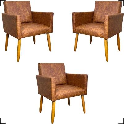 Kit 3 Poltronas Decorativa Para Sala Recepção Consultório Nina Corino Cores Pé Palito 30 Cm Castanho