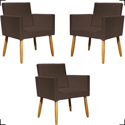 Kit 3 Poltronas Decorativa Para Sala Recepção Consultório Nina Corino Cores Pé Palito 30 Cm Castanho