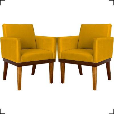 Kit 2 Poltronas Decorativa Para Sala Recepção Consultório Escritório Base Em Madeira Divine Suede