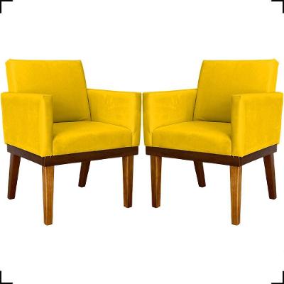 Kit 2 Poltronas Decorativa Para Sala Recepção Consultório Escritório Base Em Madeira Divine Suede