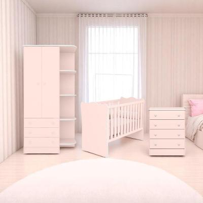 Conjunto Infantil Doce Sonho Rosa Acetinado: Berço Doce Sonho + Cômoda Doce Sonho + Guarda-roupa Doce Sonho