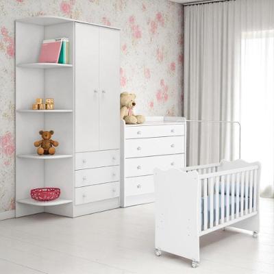 Berço Doce Sonho Branco + Kit Rodízio + Cômoda C/ Trocador + Guarda-roupa 2p Doce Sonho