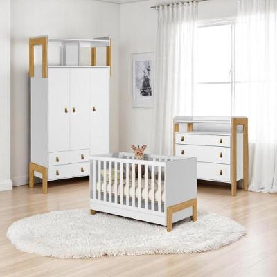 Conjunto Infantil Branco Acetinado: Berço Mini Cama + Cômoda + Guarda-roupa 3 Portas 2 Gavetas