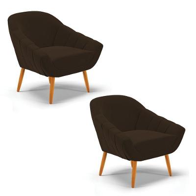 Kit 02 Poltronas Giovana Suede Marrom Pés Palito Castanho - Indo Decorar