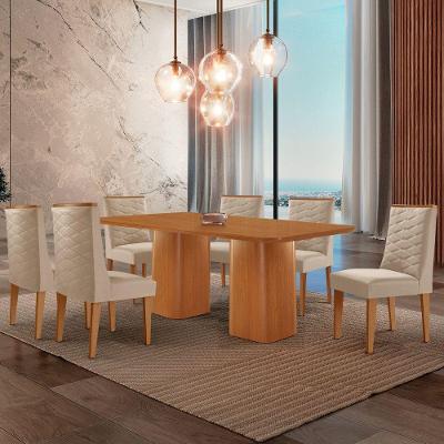 Mesa De Jantar Eloise 180cm Tampo Mdf 6 Cadeiras Moderna Veludo Creme/naturale