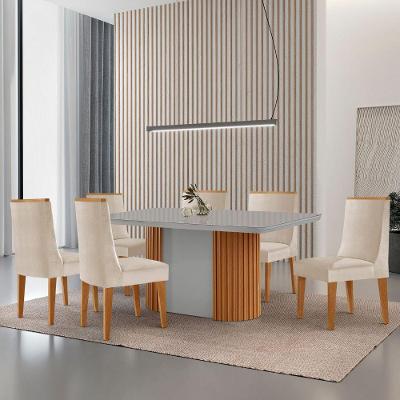 Mesa De Jantar Aspen 180cm Tampo Mdf E Vidro 6 Cadeiras Lisboa Veludo Creme /nat/off/serig. Off