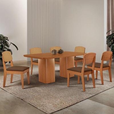 Mesa De Jantar Eloise 180cm Tampo Mdf 6 Cadeiras Moderna Veludo Marrom/naturalle