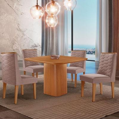 Mesa De Jantar Eloise 90cm Tampo Mdf 4 Cadeiras Moderna Linho Capuccino/naturale