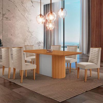 Mesa De Jantar Aspen 180cm Tampo Mdf Laminado 6 Cadeiras Safira Veludo Creme/naturale/off White