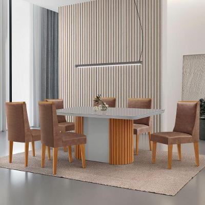 Mesa De Jantar Aspen 180cm Tampo Mdf E Vidro 6 Cadeiras Lisboa Tork /nat/off/serig. Off
