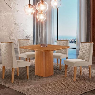 Mesa De Jantar Eloise 90cm Tampo Mdf 4 Cadeiras Moderna Veludo Creme/naturale