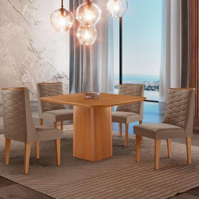 Mesa De Jantar Eloise 90cm Tampo Mdf 4 Cadeiras Moderna Veludo Capuccino/naturalle