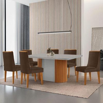 Mesa De Jantar Aspen 180cm Tampo Mdf E Vidro 6 Cadeiras Lisboa Veludo Marrom/nat/off/serig. Off