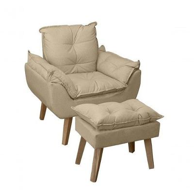 Poltrona/cadeira Decorativa E Puff Glamour 0pala Bege Linho Com Pés Quadrado Bege Linho