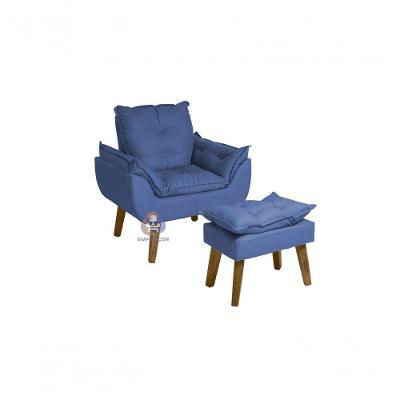 Poltrona/cadeira Decorativa E Puff Glamour Azul Marinho Com Pés Quadrado Azul Marinho