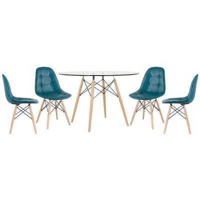 Mesa Eames Com Tampo De Vidro 120 Cm + 4 Cadeiras Estofadas Eiffel Botonê Turquesa Turquesa