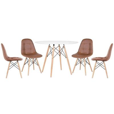 Mesa Redonda Eames 100 Cm Branco + 4 Cadeiras Estofadas Eiffel Botonê Marrom Marrom
