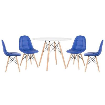 Mesa Redonda Eames 100 Cm Branco + 4 Cadeiras Estofadas Eiffel Botonê Azul Azul