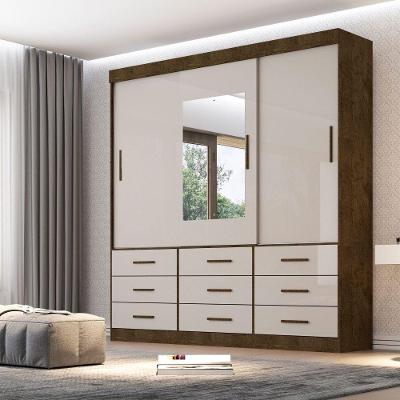 Guarda Roupa Casal Com Espelho 3 Portas 9 Gavetas New Star Sallêto Móveis Ipê Com Off White