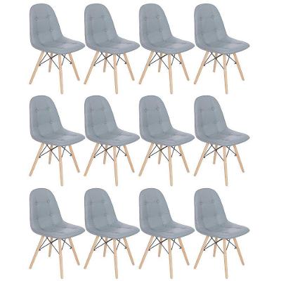 Kit 12 Cadeiras Estofadas Charles Eames Eiffel Botonê Com Pés De Madeira Clara Cinza Médio