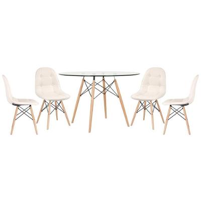 Mesa Eames Com Tampo De Vidro 120 Cm + 4 Cadeiras Estofadas Eiffel Botonê Creme Creme