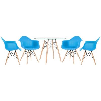 Mesa Redonda Tampo De Vidro 100 Cm + 4 Cadeiras Azul Céu
