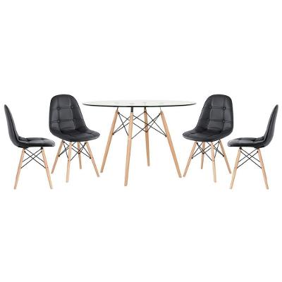 Mesa Eames Com Tampo De Vidro 120 Cm + 4 Cadeiras Estofadas Eiffel Botonê Preto Preto