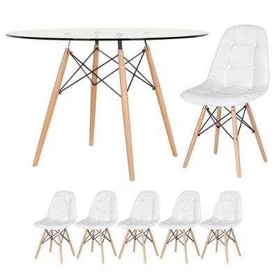 Mesa Eames Com Tampo De Vidro 120 Cm + 5 Cadeiras Estofadas Eiffel Botonê Branco