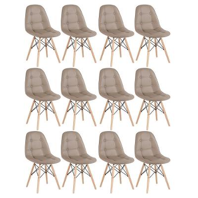 Kit - 12 X Cadeiras Estofadas Eames Eiffel Botonê - Base De Madeira Clara - Nude