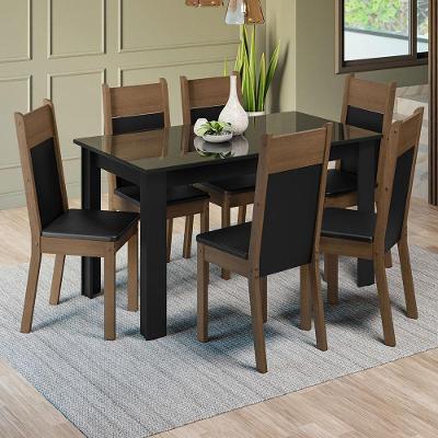 Conjunto Sala De Jantar Mesa Tampo De Vidro 6 Cadeiras Zoe Madesa Preto/rustic