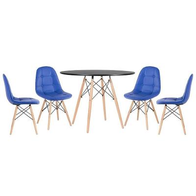 Mesa Redonda Eames 100 Cm Preto + 4 Cadeiras Estofadas Eiffel Botonê Azul Azul