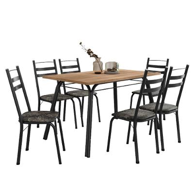 Conjunto De Mesa Sala De Jantar Com 6 Cadeiras Tubular Tampo Bp Madeirado Retangular 1,36m Preto/flor