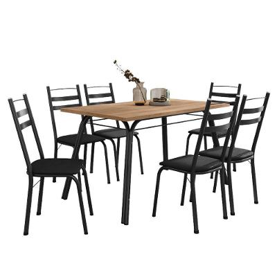 Conjunto De Mesa Sala De Jantar Com 6 Cadeiras Tubular Tampo Bp Madeirado Retangular 1,36m Preto